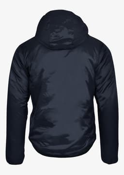 A navy blue Aspen Men Jacket featuring a hood and a smooth, shiny exterior, with a logo on the back.