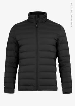 A black down jacket with a zip front and puffy design, featuring a stand-up collar and long sleeves. It has a logo.