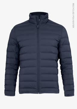A navy blue women's down jacket featuring a zip front and long sleeves, made from recycled polyester.