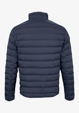 A navy blue women’s down jacket with a quilted design, featuring a high collar and no visible branding.