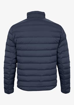 A navy blue down jacket featuring a quilted design and standing collar. It has branding on the back.