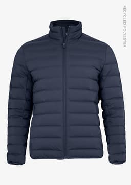 A navy blue down jacket for men, featuring a zip-up front and a standing collar. It has a logo present.