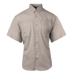A short sleeve fishing shirt in a light beige colour, featuring multiple pockets and a logo on the chest.