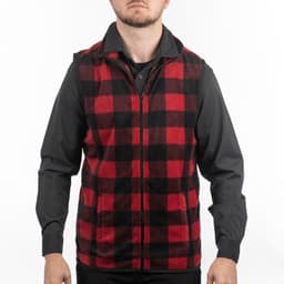 A red and black checkered full zip vest is worn over a black shirt, featuring a logo on the left side.