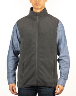 A grey full zip Arctic polar fleece vest worn over a blue long-sleeve shirt, featuring side pockets and a collar.