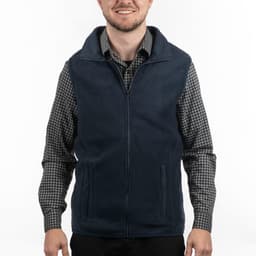 A navy blue full zip Arctic polar fleece vest displayed on a man wearing a checkered shirt. The vest features a logo.