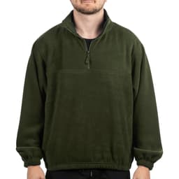 A green 1/4 zip polar fleece pullover with a high collar and elasticated cuffs, featuring a logo on the chest.