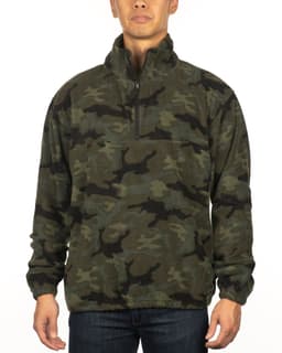 A 1/4 zip polar fleece pullover in green camouflage design, featuring an elastic waistband and a front pocket.