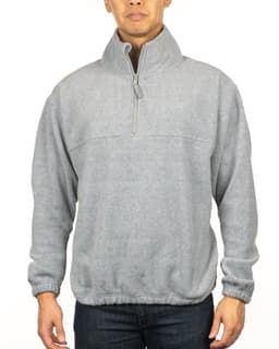 A grey 1/4 zip polar fleece pullover is worn by a model, featuring a high collar and elastic cuffs.