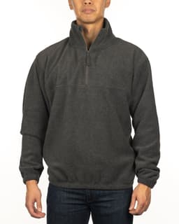 A grey 1/4 zip polar fleece pullover featuring a stand collar and elastic cuffs, on a model standing against a white background.