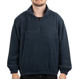 A navy blue 1/4 zip polar fleece pullover, featuring a high collar and elasticised cuffs. It has a logo on it.