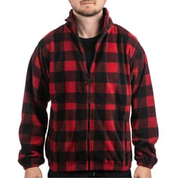 A red and black checkered full zip polar fleece jacket with a zippered collar and side pockets.