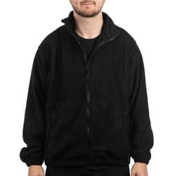 A full zip polar fleece jacket in black, featuring a high collar and two side pockets.