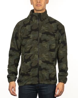 A full zip polar fleece jacket in a camouflage pattern, featuring a high collar and long sleeves.