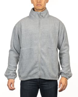 A full zip polar fleece jacket in light grey, featuring a high collar and elasticated cuffs. It has a logo.
