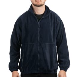 A navy full zip polar fleece jacket with a standing collar and front zip pockets. It has a logo on the chest.