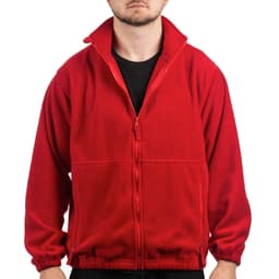 A red full zip polar fleece jacket with a high collar and zipped pockets, featuring a logo on the chest.