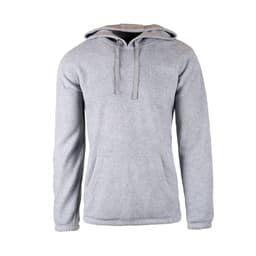 A grey hoodie featuring a front pocket and a drawstring hood, with a simple design and a small logo.
