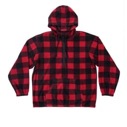 A red and black checked 1/4 zip polar fleece hoodie with a hood and front pocket. It features a logo.