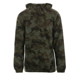 A 1/4 zip polar fleece hoodie in a camouflage pattern, featuring a hood and front pocket, with a logo.