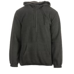 A 1/4 zip polar fleece hoodie in dark grey, featuring a hood and a front pocket. It has a logo.