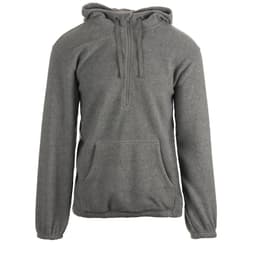A grey 1/4 zip polar fleece hoodie with a front pocket and a hood. It features a logo on the chest.