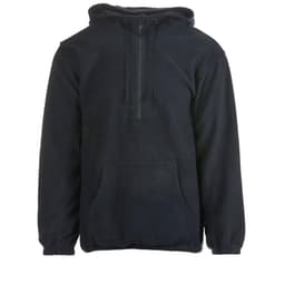 A black 1/4 zip polar fleece hoodie with a front pocket and a hood, featuring a logo.