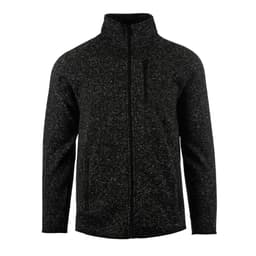 A men's sweater knit jacket in black with a textured pattern and a zippered chest pocket. It has a high collar.