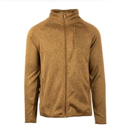 A full zip sweater knit jacket in a warm brown colour, featuring a zippered chest pocket and a high collar.
