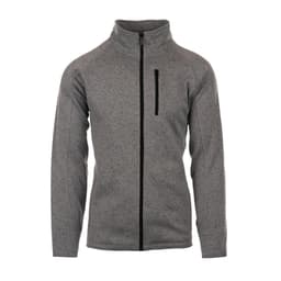 A grey full zip sweater knit jacket with a zippered pocket and a collar. It features a logo.