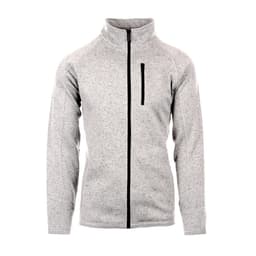A full zip sweater knit jacket in grey, featuring a zip pocket and a stand collar. It has a logo on the sleeve.