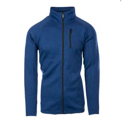 A full zip sweater knit jacket in a vibrant blue colour, featuring a zippered chest pocket and a high collar.
