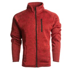 A red full zip sweater knit jacket featuring a zipped chest pocket and two side pockets. It has a collar and a textured finish.