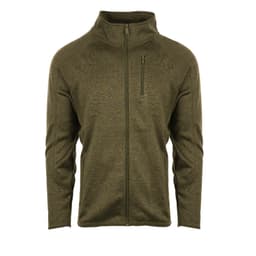 A full zip sweater knit jacket in olive green with a zippered chest pocket and a minimal logo.