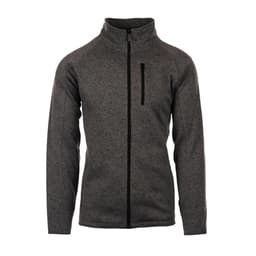 A grey full zip sweater knit jacket features a high collar and a zippered chest pocket. It has a logo on the sleeve.