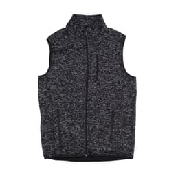 A sweater knit vest in grey and black with a high collar and zippered pockets. It features a logo.