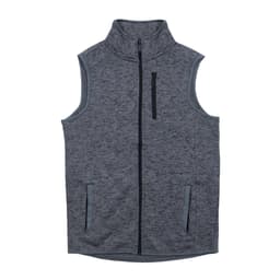 A grey sweater knit vest featuring a full zip, high collar, and two front pockets.