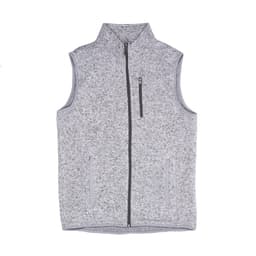 A grey sweater knit vest featuring a high collar and zippered front, with side pockets and a small logo.