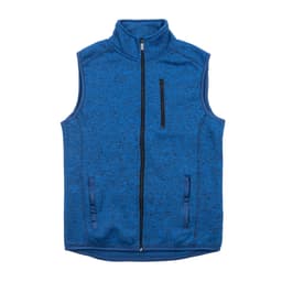 A blue sweater knit vest with a high collar, front zip, and two side pockets. It features a zippered chest pocket.