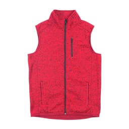 A red sweater knit vest featuring a high collar, zippered front, and side pockets. It has a branding logo.