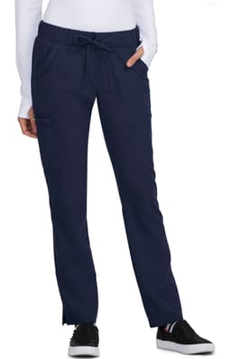 A pair of navy pants with a drawstring waist and side pockets, featuring a logo on the waistband.