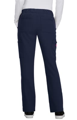 Navy blue pants with a relaxed fit, featuring multiple pockets and an elastic waistband. The design is simple and functional.