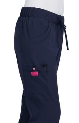 Navy blue pants with an elastic waistband, pockets, and a pink logo on the side. Features a drawstring for adjustments.