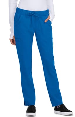Bright blue pants with a drawstring waist and pockets are displayed on a model. The pants have a sporty style.