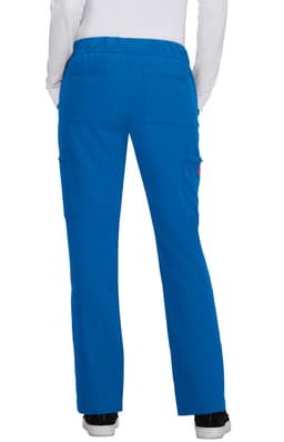 Bright blue women's cargo pants with a relaxed fit and pockets, displayed from the back. Features a waistband and branding.