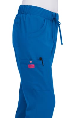 Bright blue pants with a drawstring waist and pockets. Features a small logo on the side.