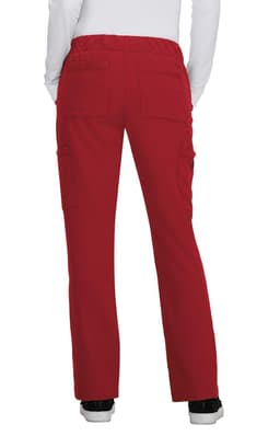 Red cargo pants with an elastic waistband and multiple pockets. The view shows the back of the pants.