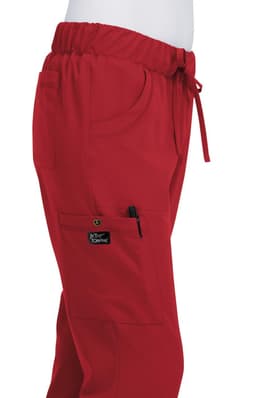 A pair of red pants featuring an elastic waistband, pockets, and a side logo.