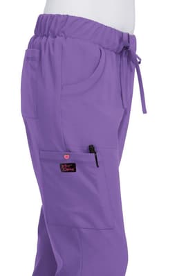 A pair of purple pants with a drawstring waistband and multiple pockets, featuring a logo.
