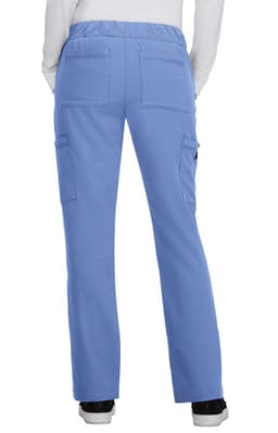 Light blue pants featuring a stretchy waist and multiple pockets on the back. The design includes a logo on the side.